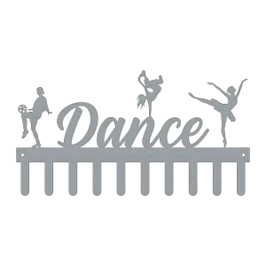 Steel wall art featuring the word 'Dance' in elegant script, with three dancers in action poses above. Includes hooks for hanging items.